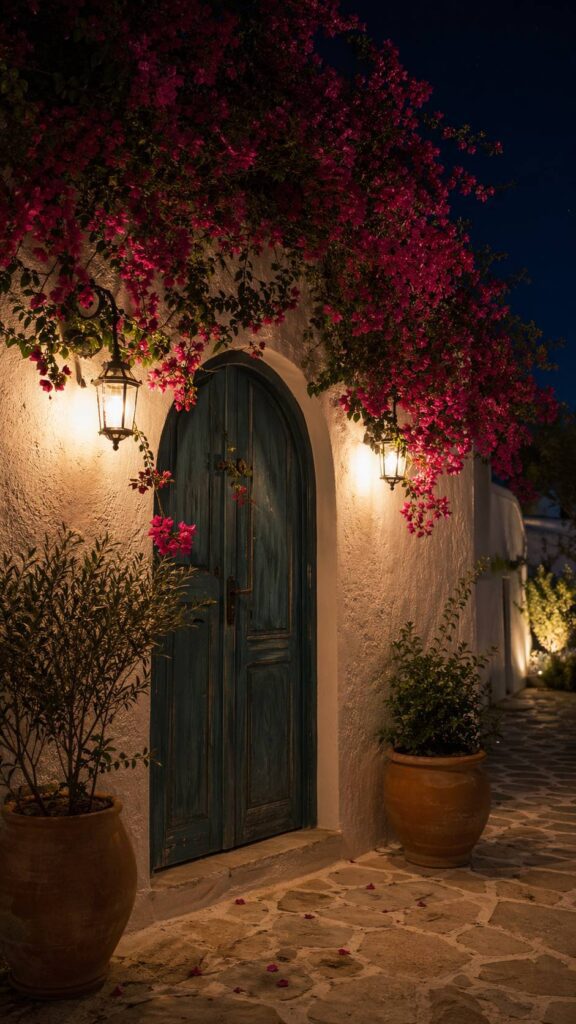 Mediterranean entrance with teal arched door, pink bougainvillea flowers, and terracotta potted plants