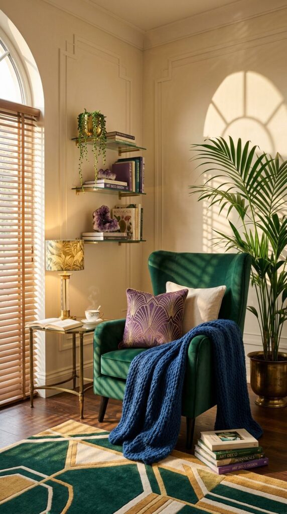 Elegant reading nook with green velvet chair, gold accents, geometric rug, and stylish decor elements.