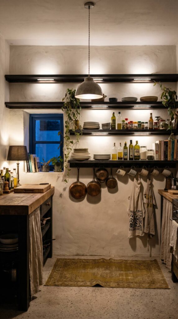 Rustic Mediterranean kitchen at night with whitewashed plaster walls, backlit black floating shelves of dishes and oil bottles, a blue-framed window, hanging copper pans and mugs, butcher-block island with a skirted curtain, and a faded gold rug