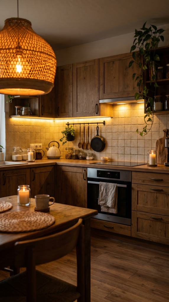 Warm wood kitchen at night glowing with candlelight, oak cabinets, a woven rattan pendant, cream tile backsplash with under-cabinet lighting, hanging utensils, pantry jars, a cream kettle, trailing pothos, and a round table set with candles and mugs