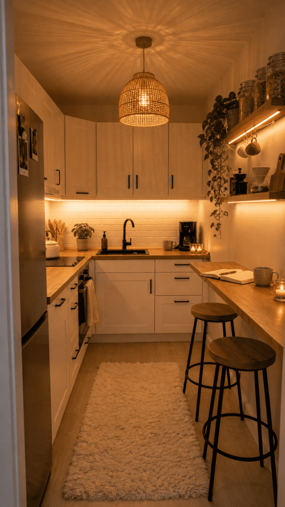 Cozy small apartment kitchen at night with cream cabinets, white subway tile, butcher-block counters, a woven pendant, warm under-cabinet lighting, a slim breakfast bar with two stools, a fluffy runner rug, candles, and trailing pothos