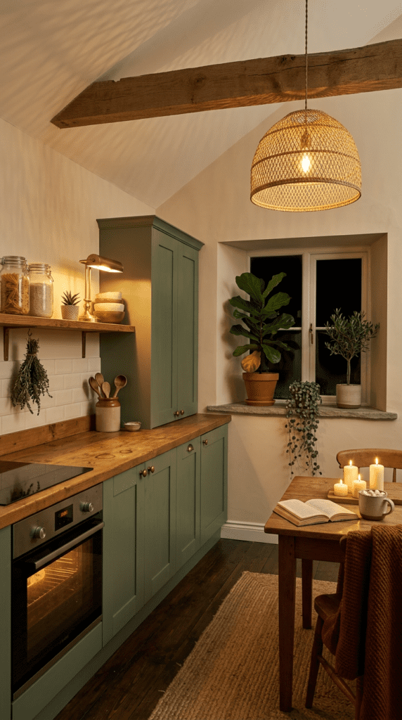 Cozy cottage kitchen at night with sage-green cabinets, exposed wood ceiling beam, butcher-block counter, woven pendant, brass task lamp, hanging dried herbs, potted plants on a deep windowsill, and a wood table set with candles, a book, and a hot drink