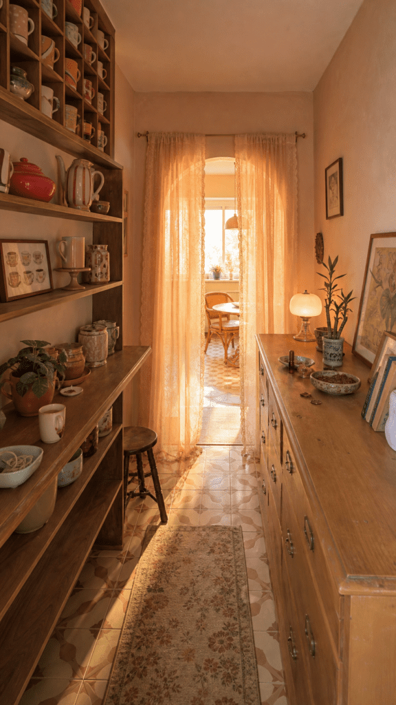 Vintage galley kitchen bathed in warm golden light with floor-to-ceiling wood shelves full of colorful mugs and teapots, a wooden sideboard, sheer peach lace curtains, patterned tile floor, a floral runner rug, a small lamp, and bamboo plant