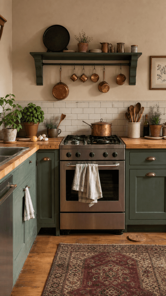 Cozy cottage kitchen with sage-green cabinets, butcher-block counters, copper pots hanging on a rail, white subway tile, basil plant, and a red vintage rug