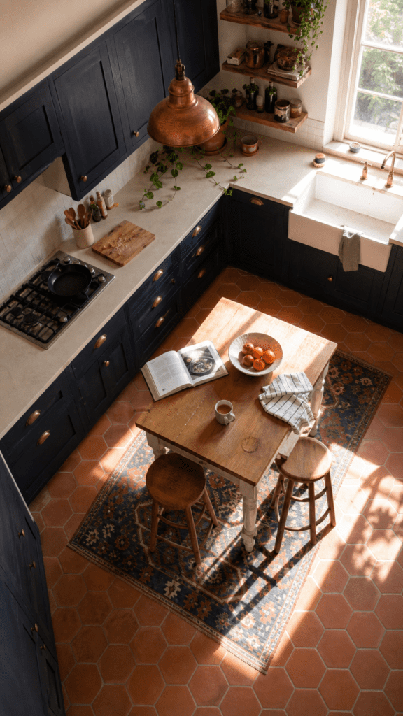 Cozy navy-blue kitchen from above with terracotta hexagon tile floor, copper pendant light, farmhouse sink, small wood table with stools, fruit bowl, and a patterned vintage rug