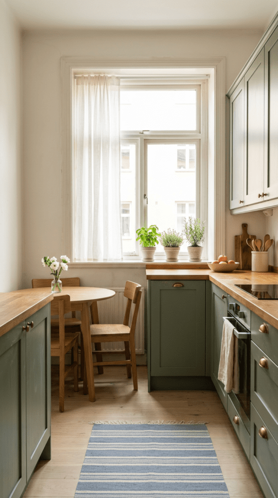 Bright Scandinavian-style small kitchen with sage-green cabinets, butcher-block counters, a sunny window with sheer curtains, potted herbs, a round wood table, and a blue striped runner rug