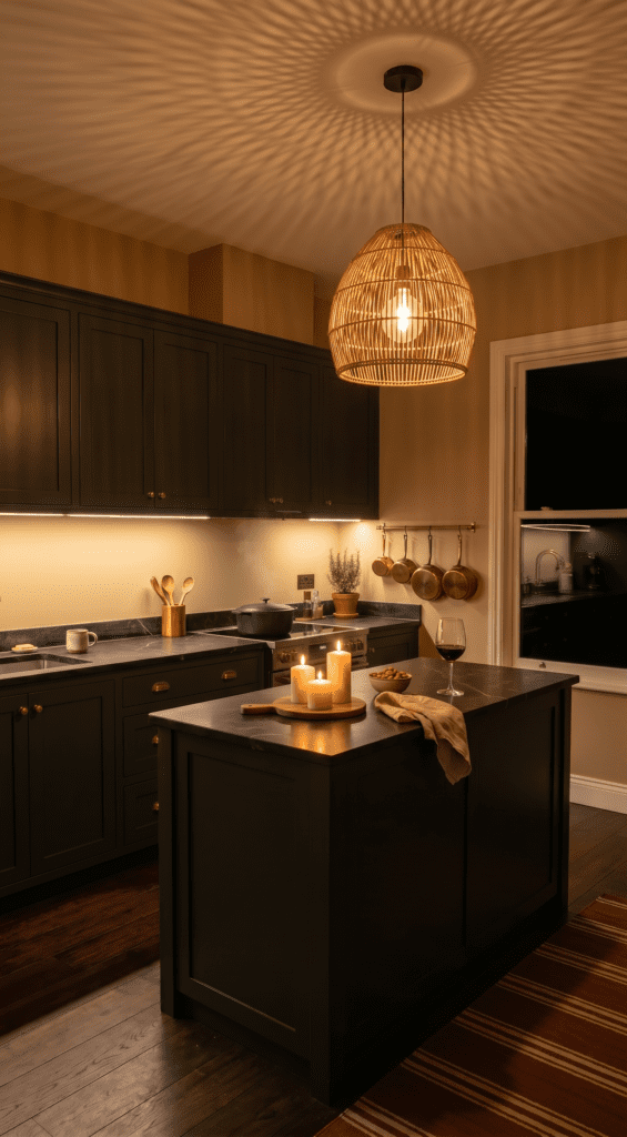 Dark dramatic kitchen at night with a woven rattan pendant casting patterned light on the ceiling, charcoal cabinets, soapstone island with lit candles and a glass of wine, copper pots on a rail, and under-cabinet lighting