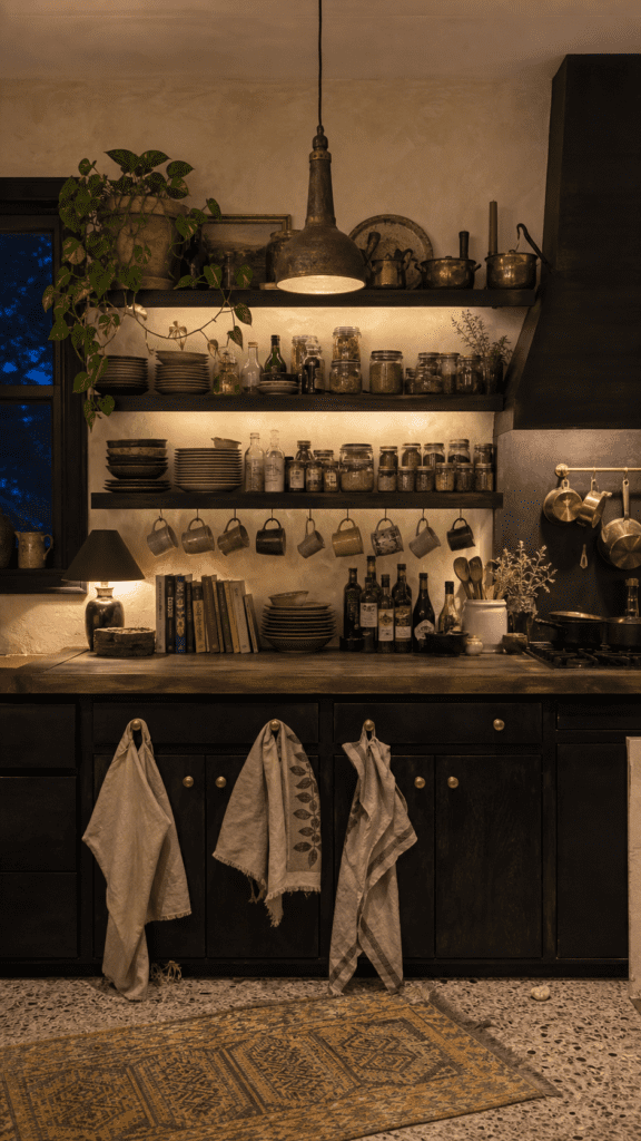 Moody rustic kitchen at night with black cabinets, warm backlit open shelves full of stoneware, jars, books and hanging mugs, a small lamp, trailing pothos, copper pots, linen towels on knobs, and a terrazzo floor with a vintage rug